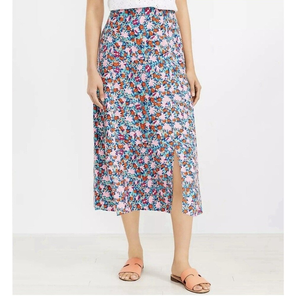 Loft Daisy Linen Blend  Floral Print Pink Side Slit A Line Midi Skirt Size 12P